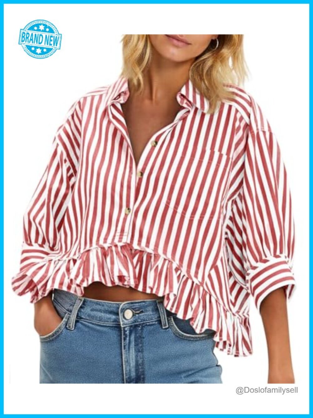Cropped Striped Button Down Shirt Ruffle 3/4 Sleeve Blouse